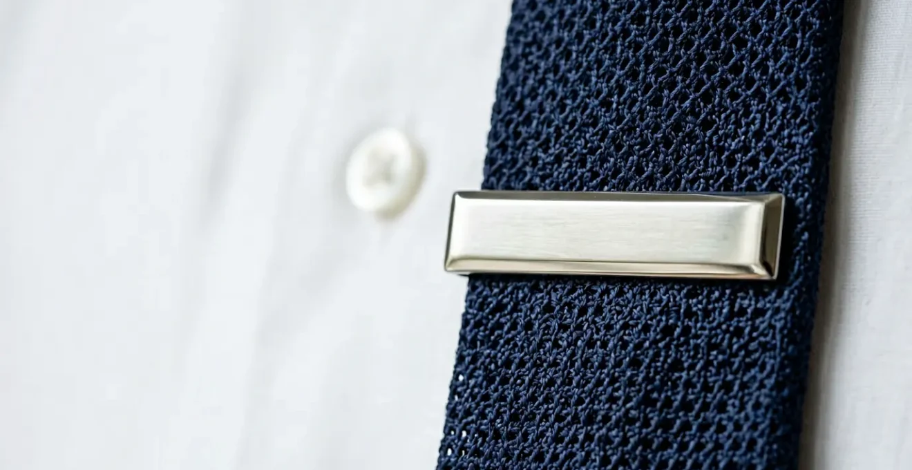 Gros plan sur une épingle à cravate élégante fixée sur une cravate en soie avec une chemise masculine impeccable
