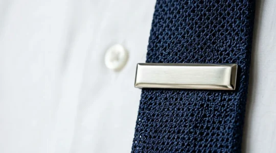 Gros plan sur une épingle à cravate élégante fixée sur une cravate en soie avec une chemise masculine impeccable