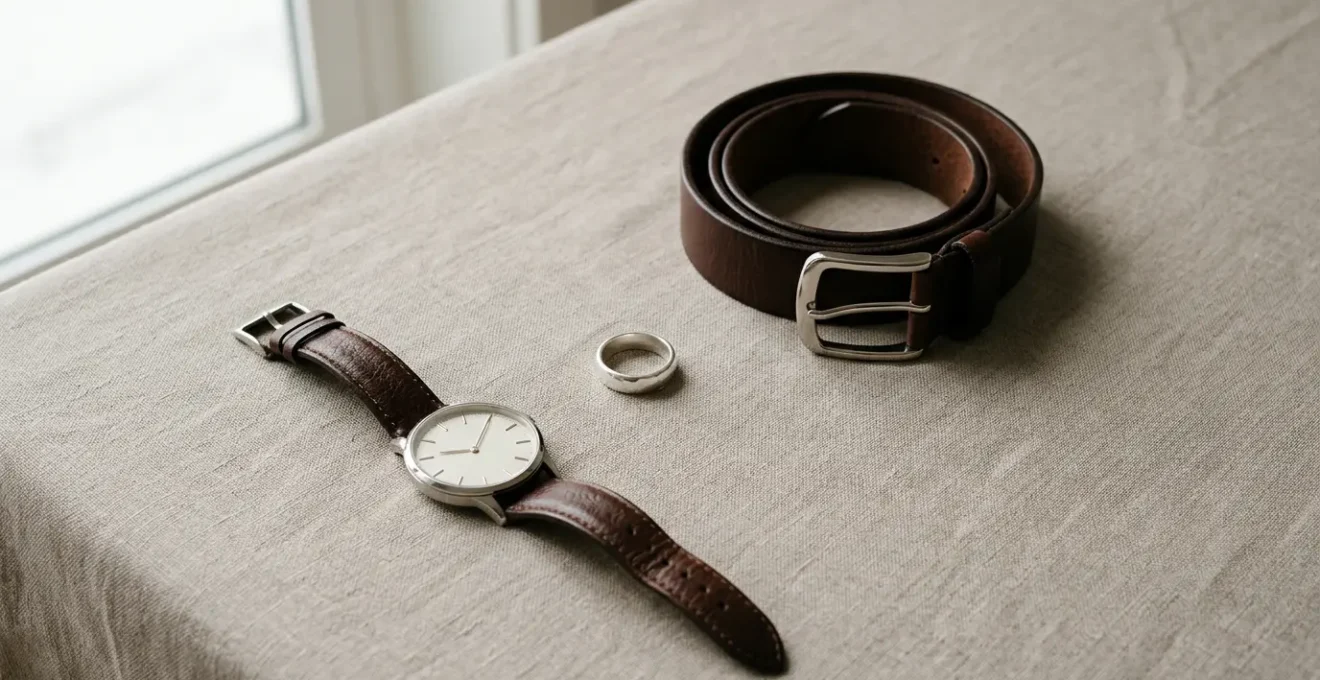 Composition minimaliste d'accessoires masculins sur fond neutre illustrant l'équilibre entre raffinement et sobriété