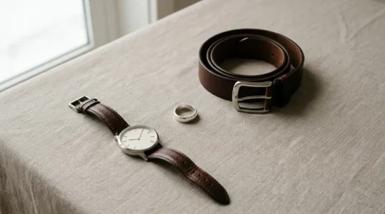 Composition minimaliste d'accessoires masculins sur fond neutre illustrant l'équilibre entre raffinement et sobriété