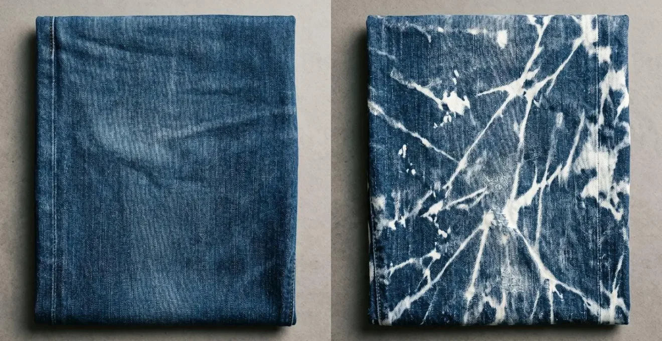 Illustration des marbrures et traces blanches disgracieuses causées par un lavage en machine inadapté sur un jean brut
