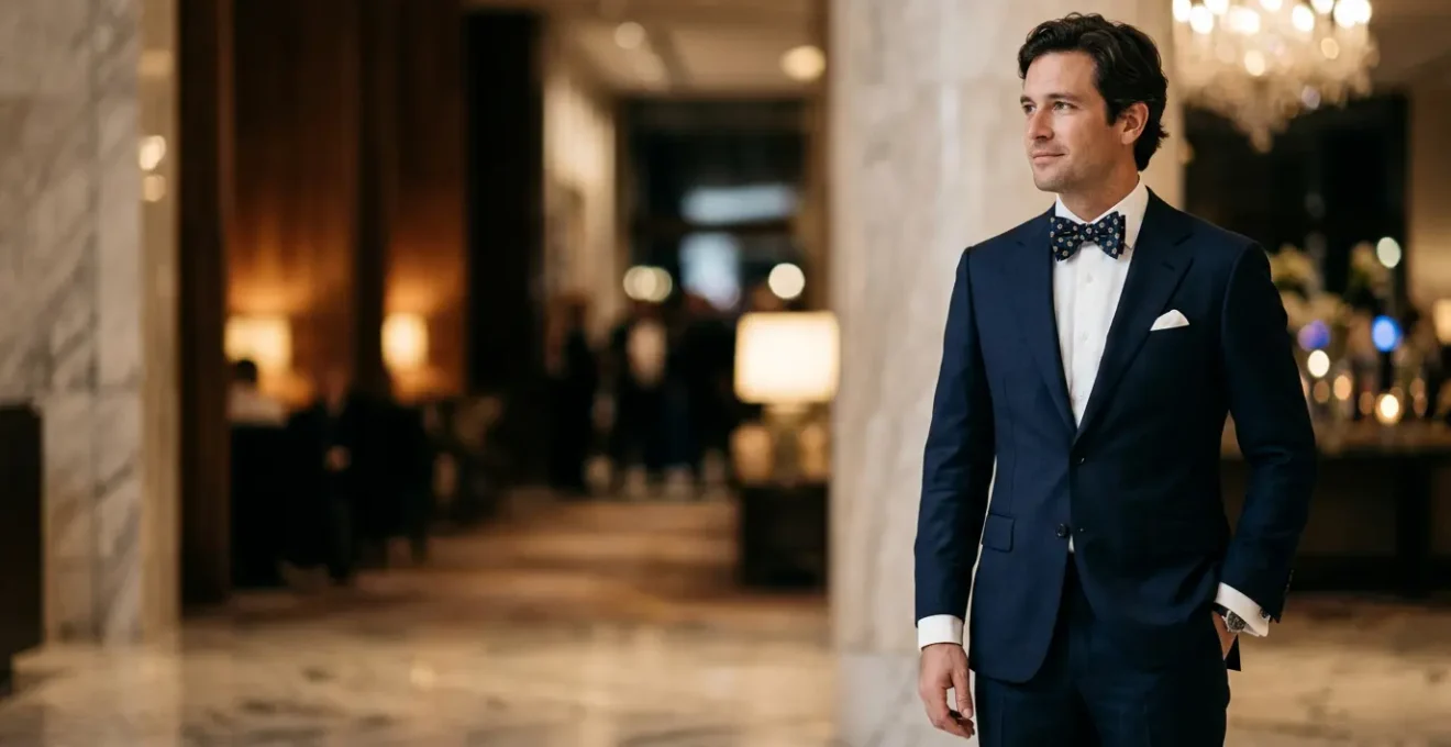 Homme élégant portant un costume formel sombre lors d'une grande occasion, photographié dans un style éditorial raffiné