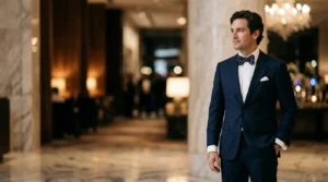 Homme élégant portant un costume formel sombre lors d'une grande occasion, photographié dans un style éditorial raffiné
