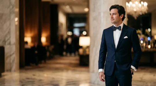 Homme élégant portant un costume formel sombre lors d'une grande occasion, photographié dans un style éditorial raffiné