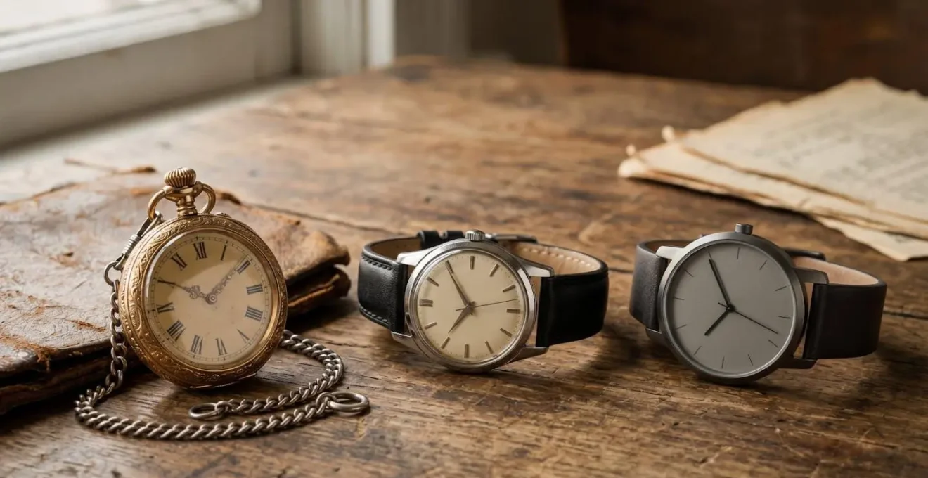 Nature morte évoquant l'évolution des accessoires masculins à travers les époques avec objets vintage et contemporains