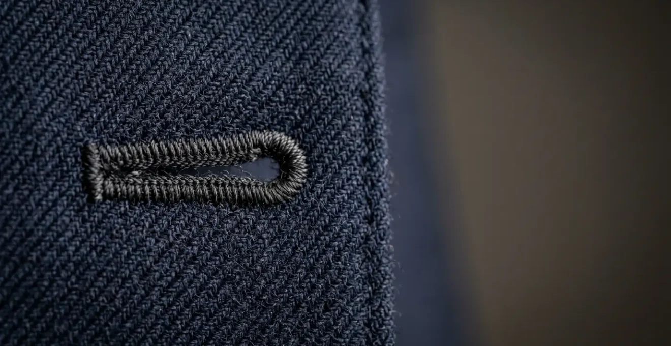 Détail macro d'un costume classique bleu marine sur mesure montrant la texture de laine de qualité et les finitions artisanales