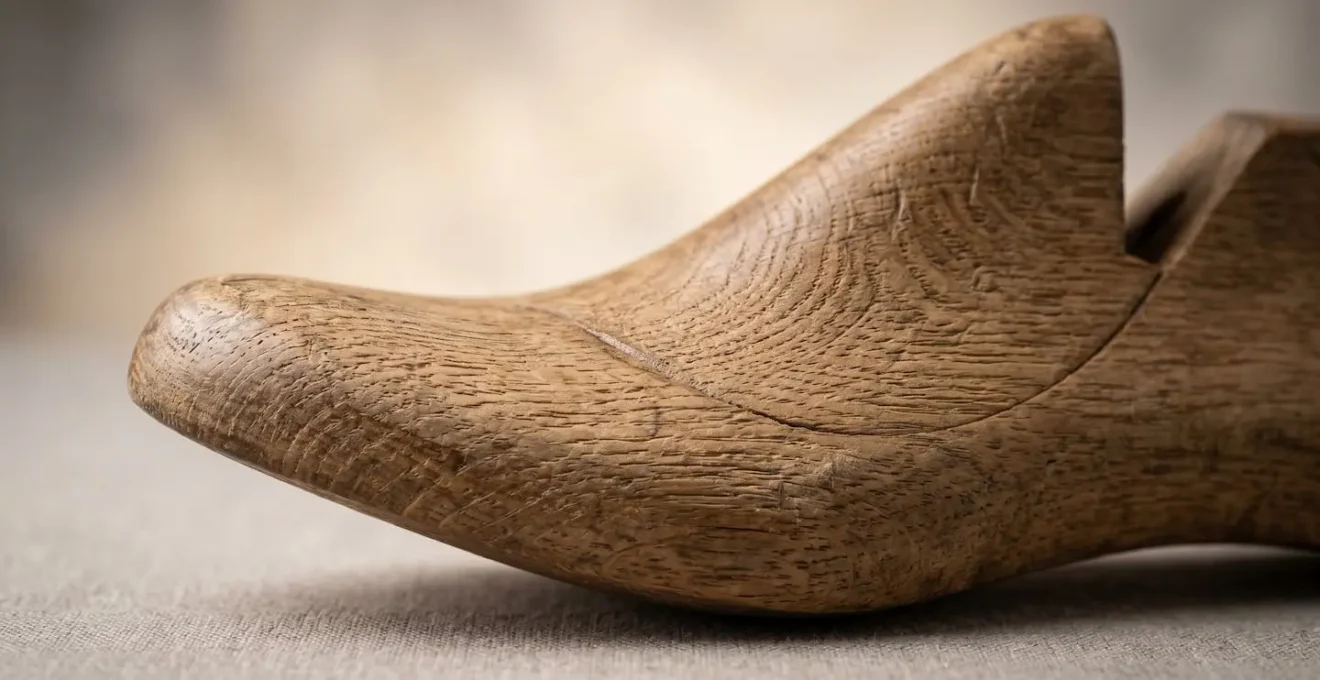 Gros plan détaillé sur une forme de chaussure en bois montrant les courbes et la structure volumétrique
