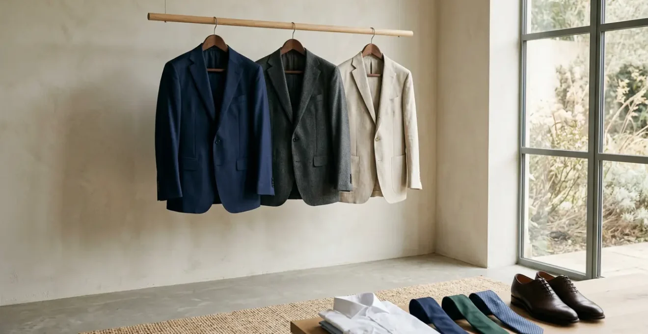 Garde-robe masculine minimaliste avec trois costumes unis sur cintres