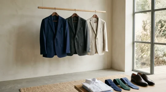 Garde-robe masculine minimaliste avec trois costumes unis sur cintres