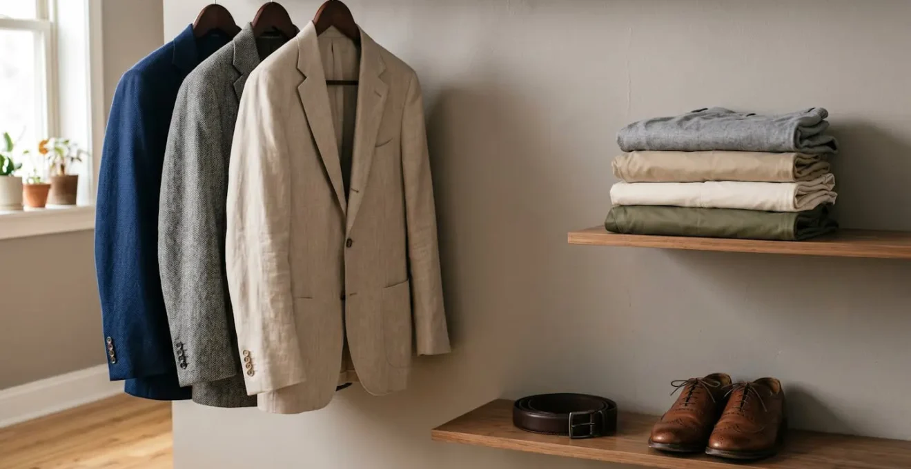 Représentation conceptuelle d'une garde-robe masculine organisée avec vestes et pantalons suspendus de manière harmonieuse