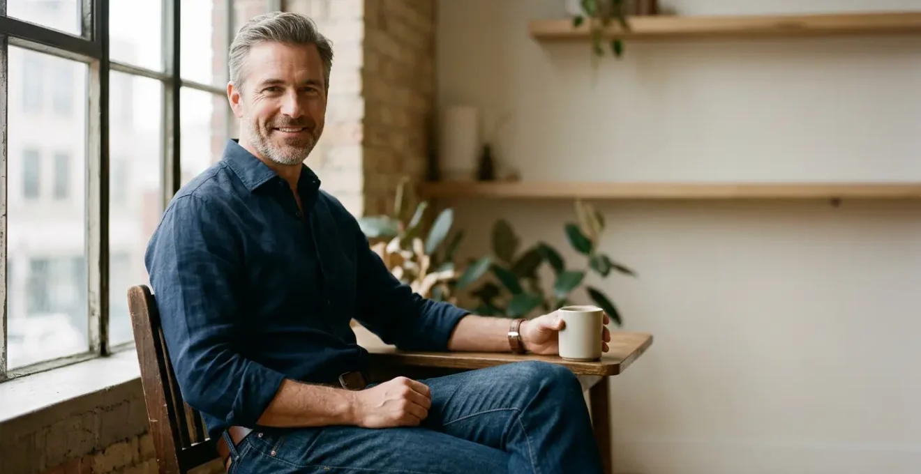 Portrait d'un homme élégant en tenue décontractée mais soignée incarnant l'authenticité du gentleman moderne