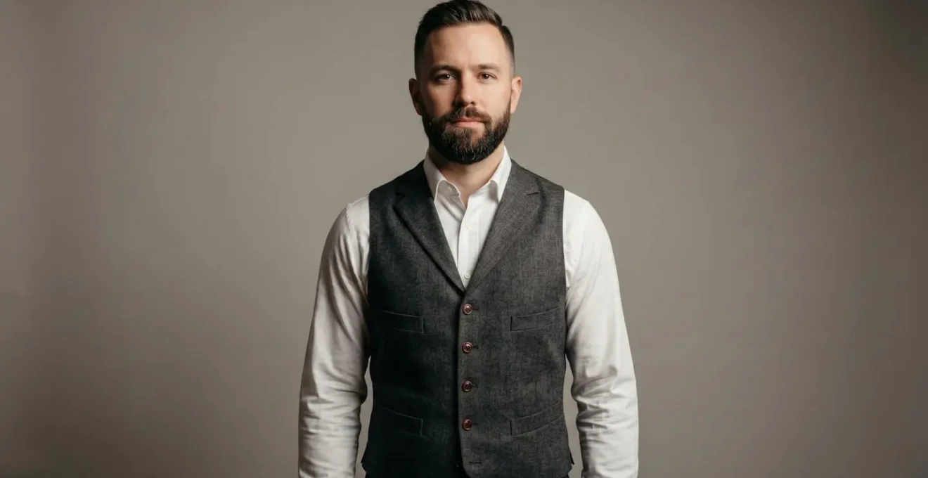 Vue symétrique d'un gilet de costume trois-pièces en flanelle grise porté avec chemise blanche, détaillant les boutons et la coupe ajustée