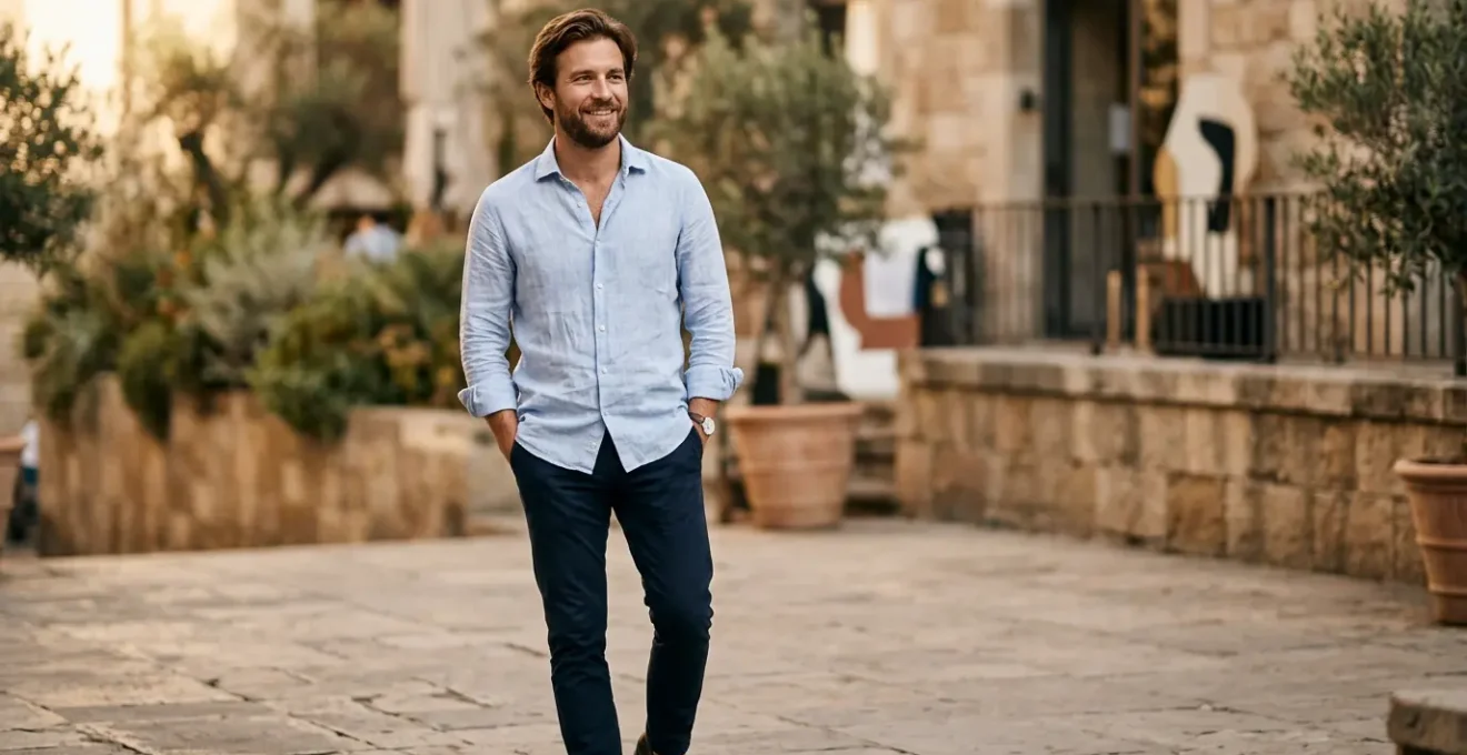 Homme portant une chemise casual en denim sortie du pantalon dans un style élégant et décontracté