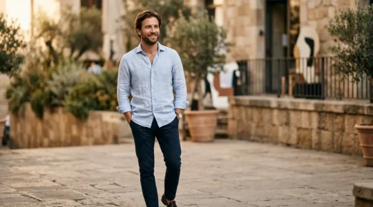 Homme portant une chemise casual en denim sortie du pantalon dans un style élégant et décontracté