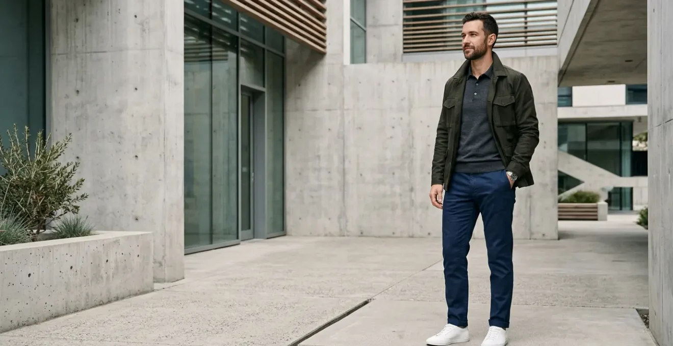 Homme portant un pantalon chino marine dans un environnement urbain moderne