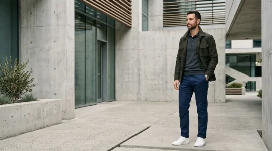 Homme portant un pantalon chino marine dans un environnement urbain moderne