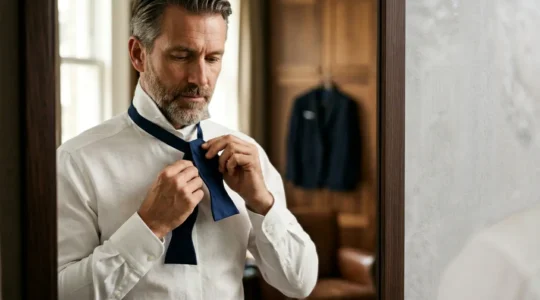 Homme élégant ajustant son nœud papillon fait main devant un miroir