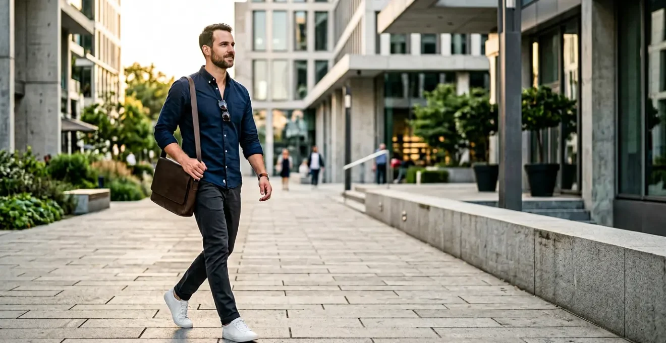Homme élégant portant des vêtements de qualité dans un environnement urbain contemporain
