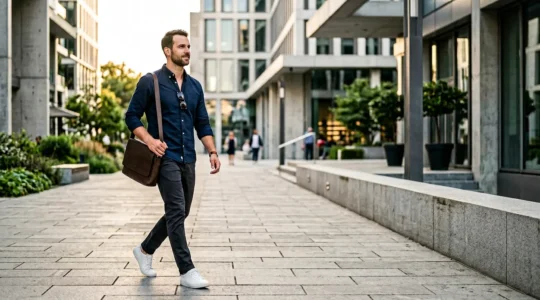Homme élégant portant des vêtements de qualité dans un environnement urbain contemporain