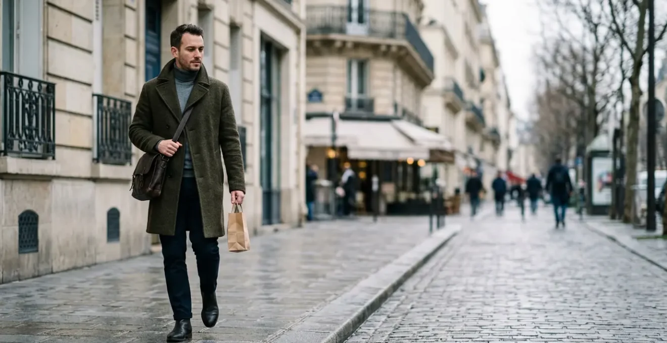 Homme élégant portant une veste d'extérieur chaude dans un environnement urbain hivernal français