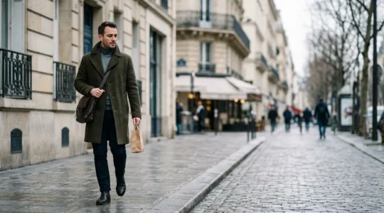 Homme élégant portant une veste d'extérieur chaude dans un environnement urbain hivernal français