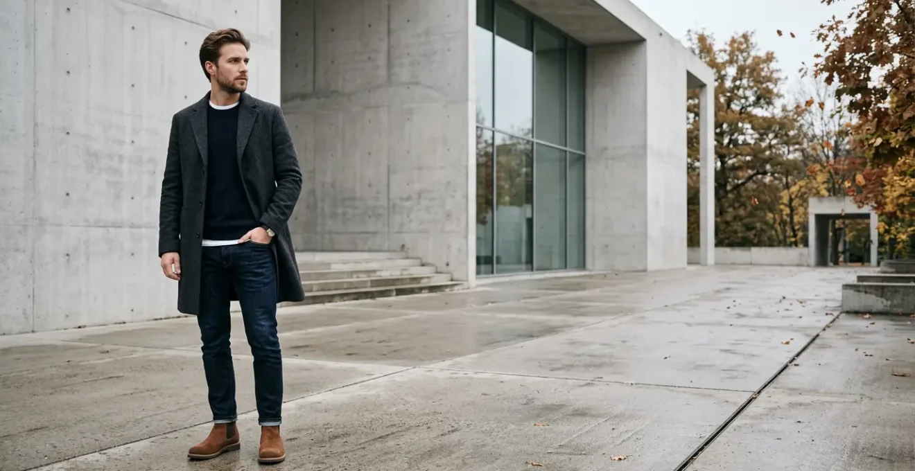 Homme urbain portant des Chelsea boots dans un environnement urbain moderne en mi-saison