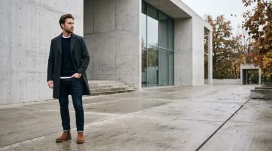 Homme urbain portant des Chelsea boots dans un environnement urbain moderne en mi-saison