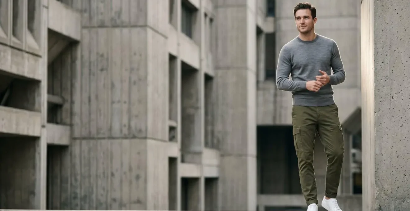 Homme moderne portant un pantalon cargo olive en ville avec style urbain épuré