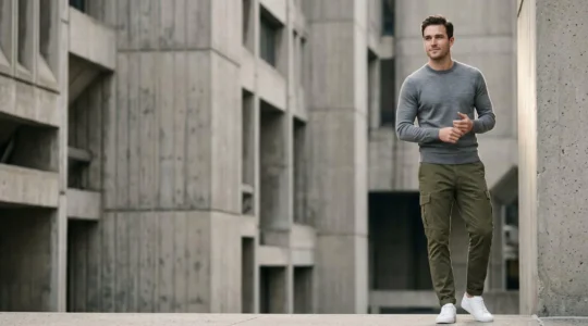 Homme moderne portant un pantalon cargo olive en ville avec style urbain épuré