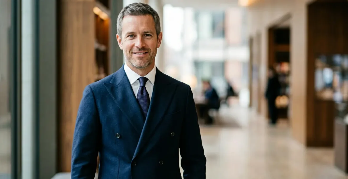 Homme portant une veste croisée bleu marine, posture confiante et naturelle