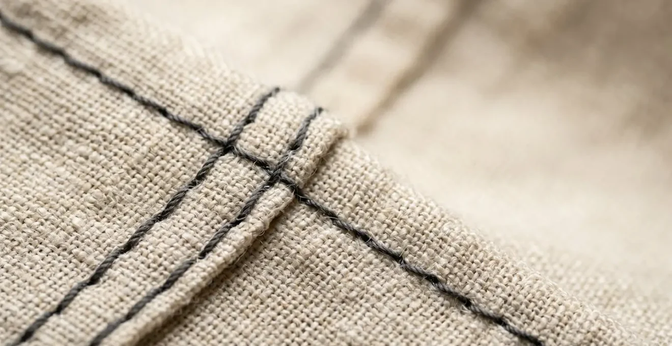 Gros plan macro sur des coutures de vêtement en tissu naturel révélant les détails de fabrication