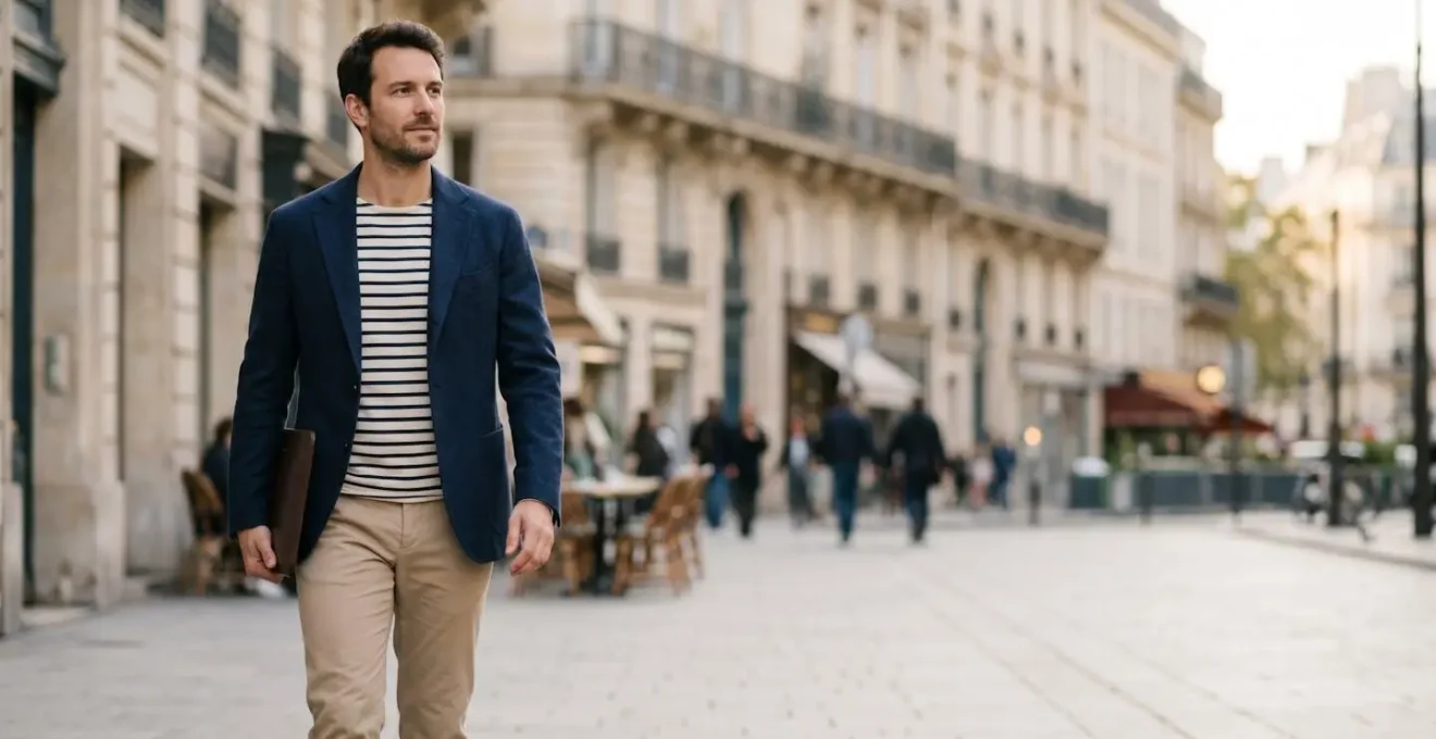 Homme portant un blazer déstructuré italien avec des pièces françaises urbaines