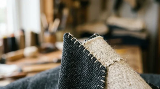 Detail d'une veste de costume sur-mesure illustrant le savoir-faire artisanal