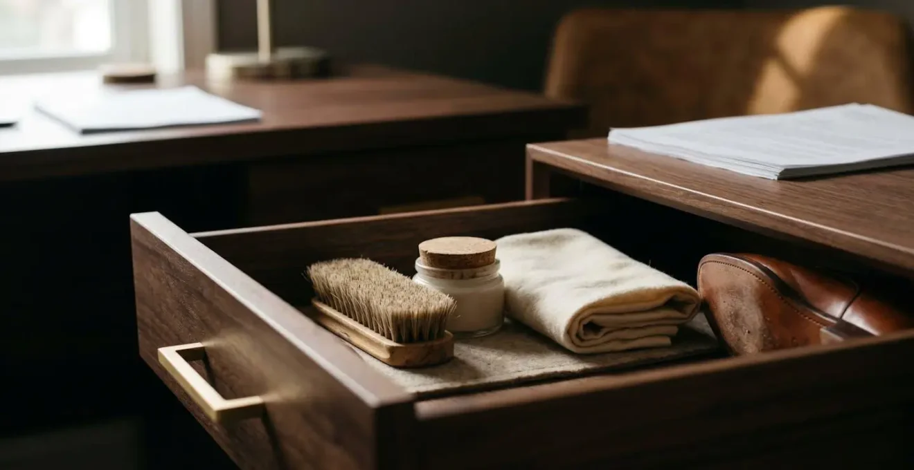Kit d'entretien compact pour bureau avec brosse, cire et chiffon sur un bureau épuré