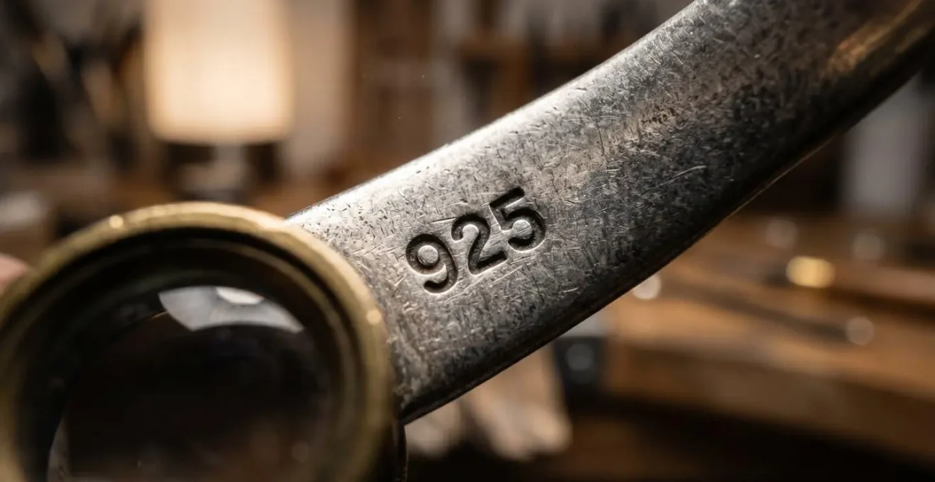 Inspection détaillée au microscope d'un poinçon 925 gravé sur un bijou en argent sterling