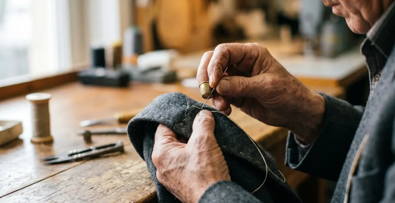 Gros plan sur les mains d'un tailleur assemblant manuellement les pièces d'un costume