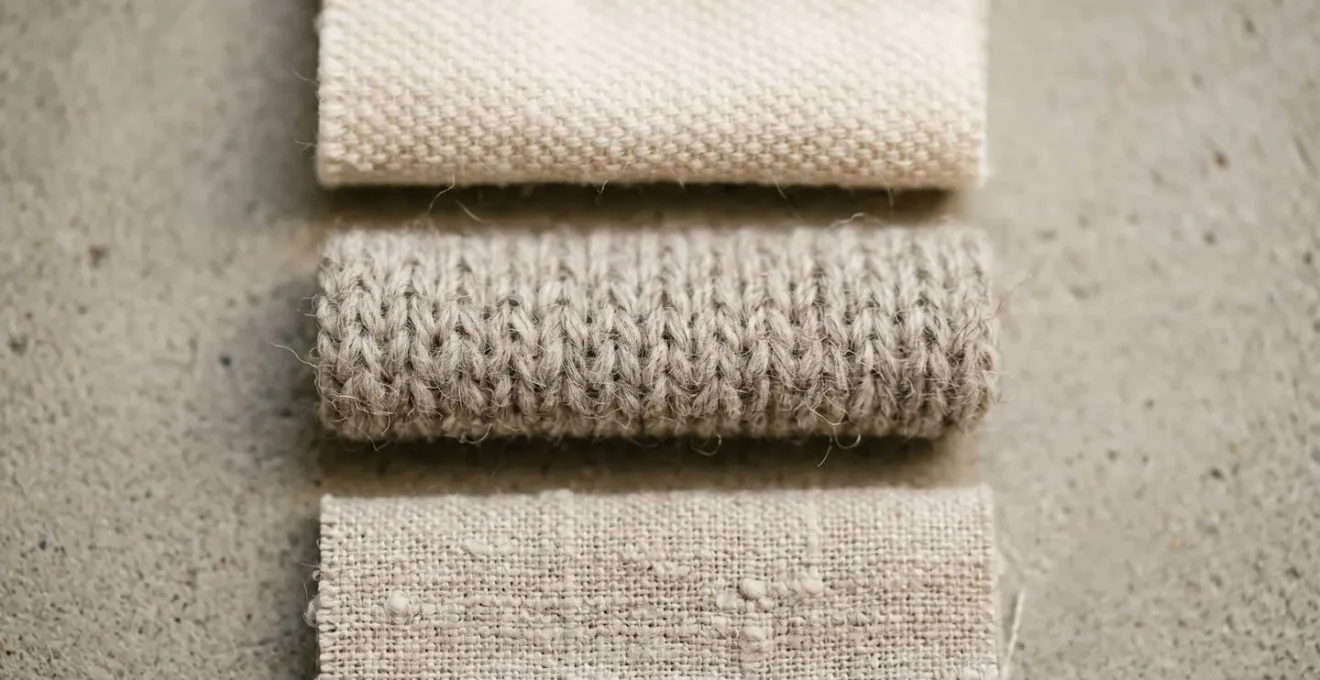 Détail macro des fibres textiles naturelles montrant la texture du coton, de la laine et du lin