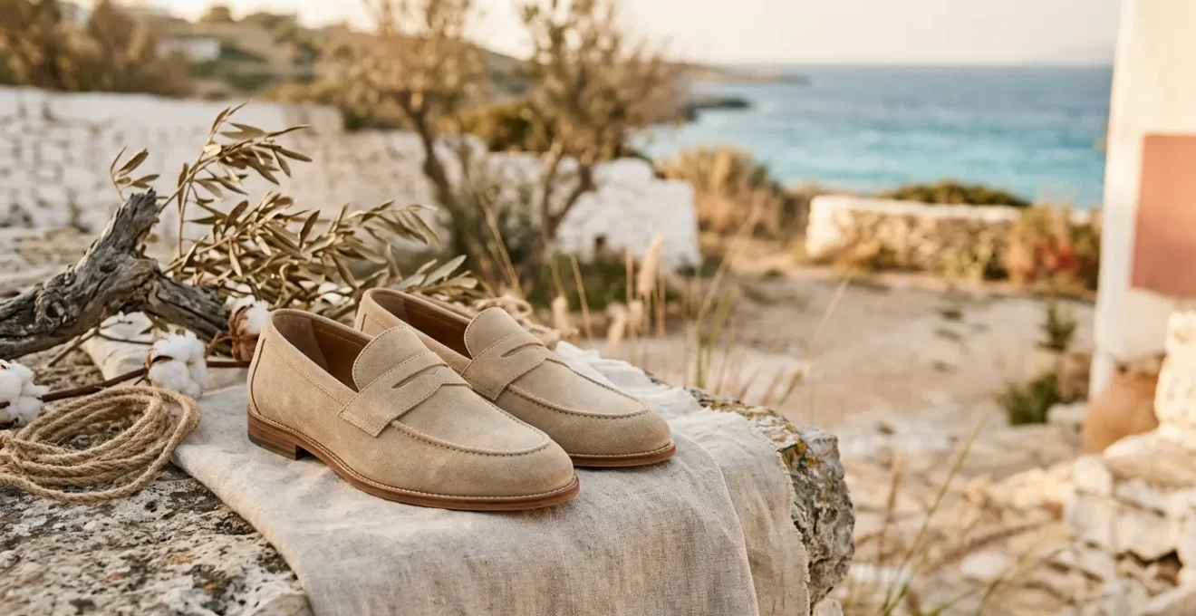 Mocassins en daim beige posés sur une surface claire avec lumière naturelle estivale