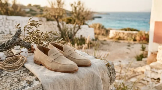 Mocassins en daim beige posés sur une surface claire avec lumière naturelle estivale