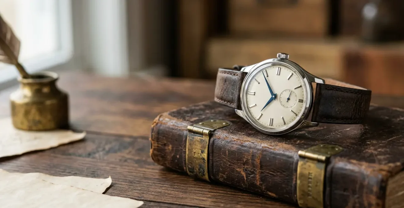 Montre mécanique de luxe posée sur surface noble évoquant l'héritage et la transmission intergénérationnelle