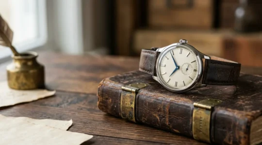Montre mécanique de luxe posée sur surface noble évoquant l'héritage et la transmission intergénérationnelle