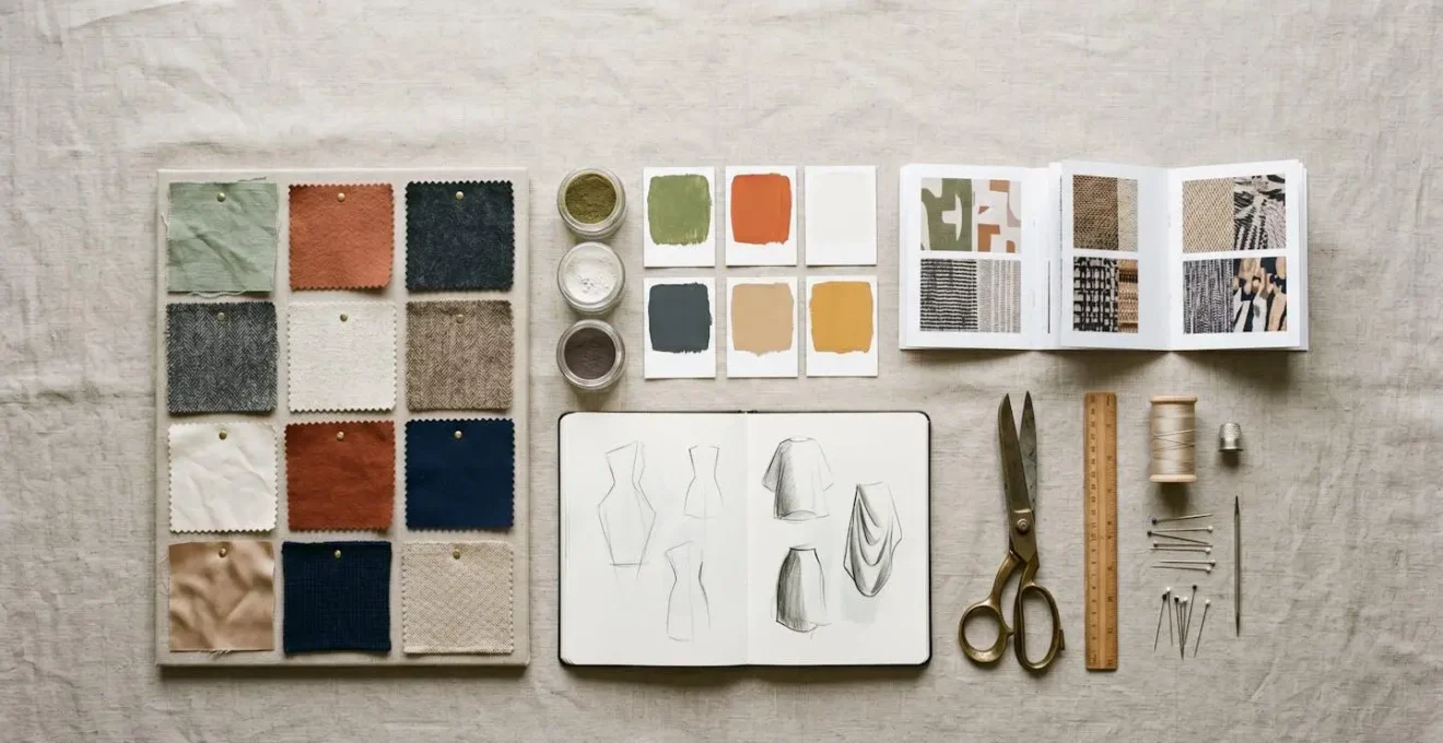 Table de travail créatif avec échantillons textiles et références visuelles pour analyse stylistique