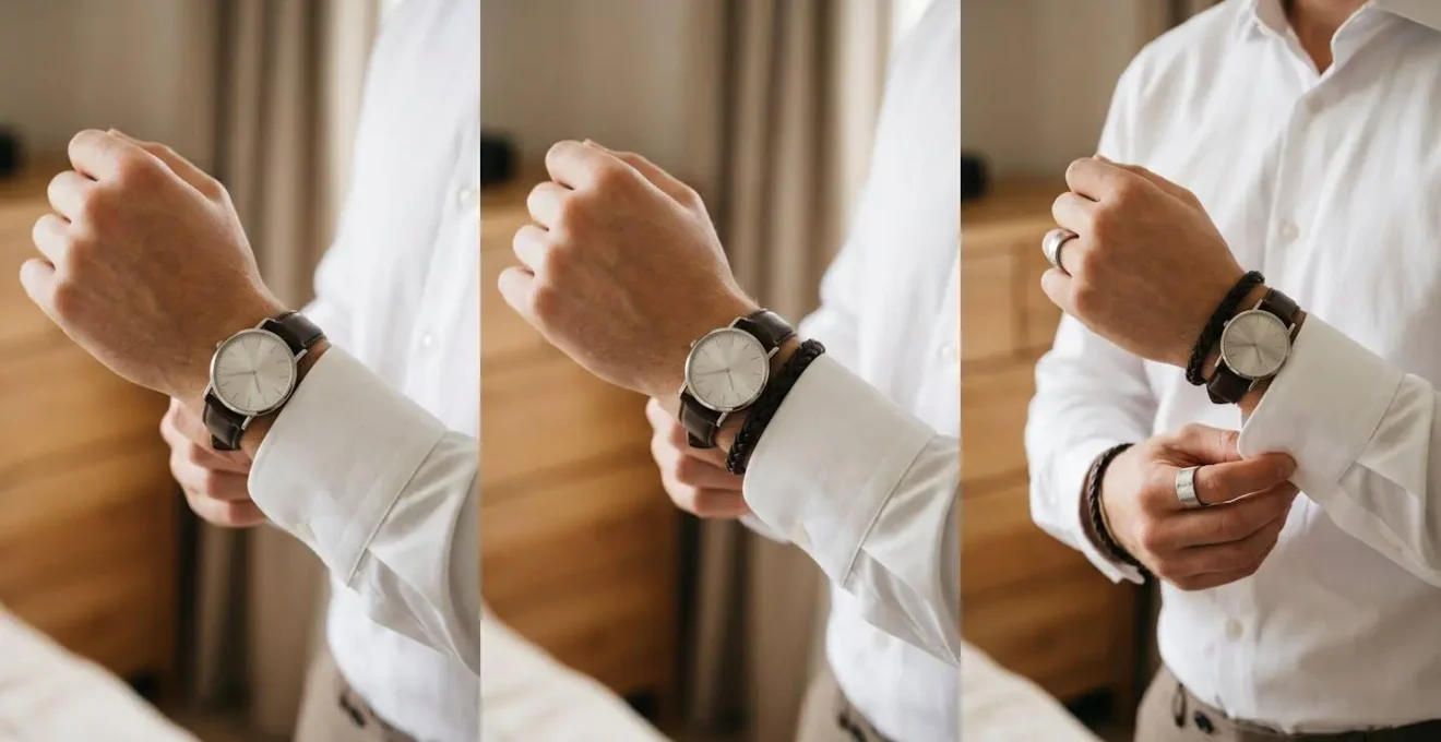 Séquence visuelle montrant la construction progressive d'une tenue masculine avec ajout méthodique d'accessoires
