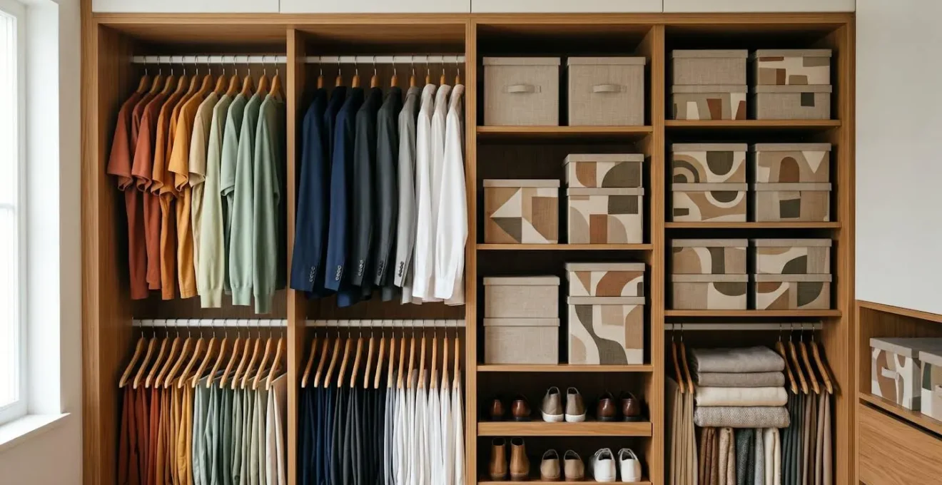 Vue d'ensemble d'un dressing masculin organisé par zones fonctionnelles avec séparation visible entre vêtements quotidiens et occasionnels