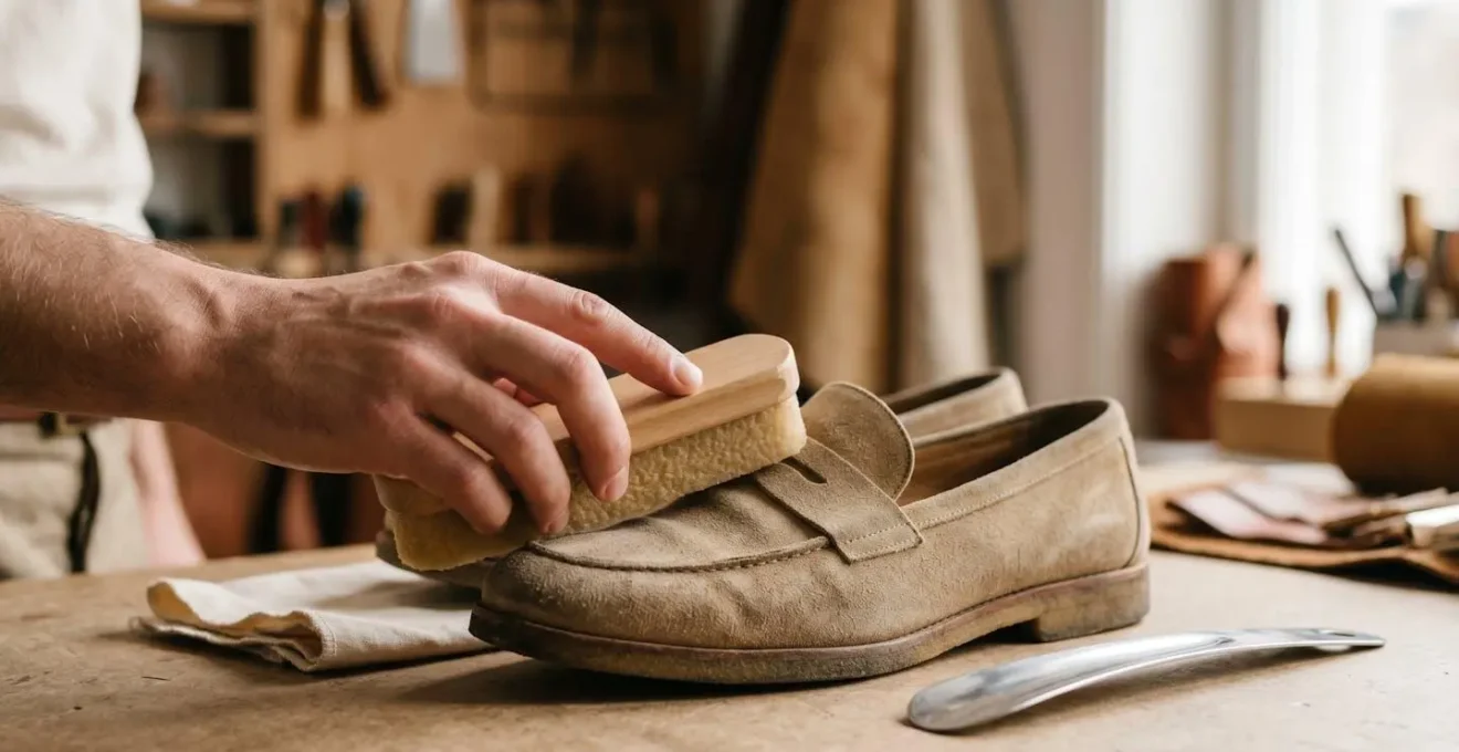 Main tenant délicatement une brosse en crêpe sur la surface d'un mocassin en daim patiné