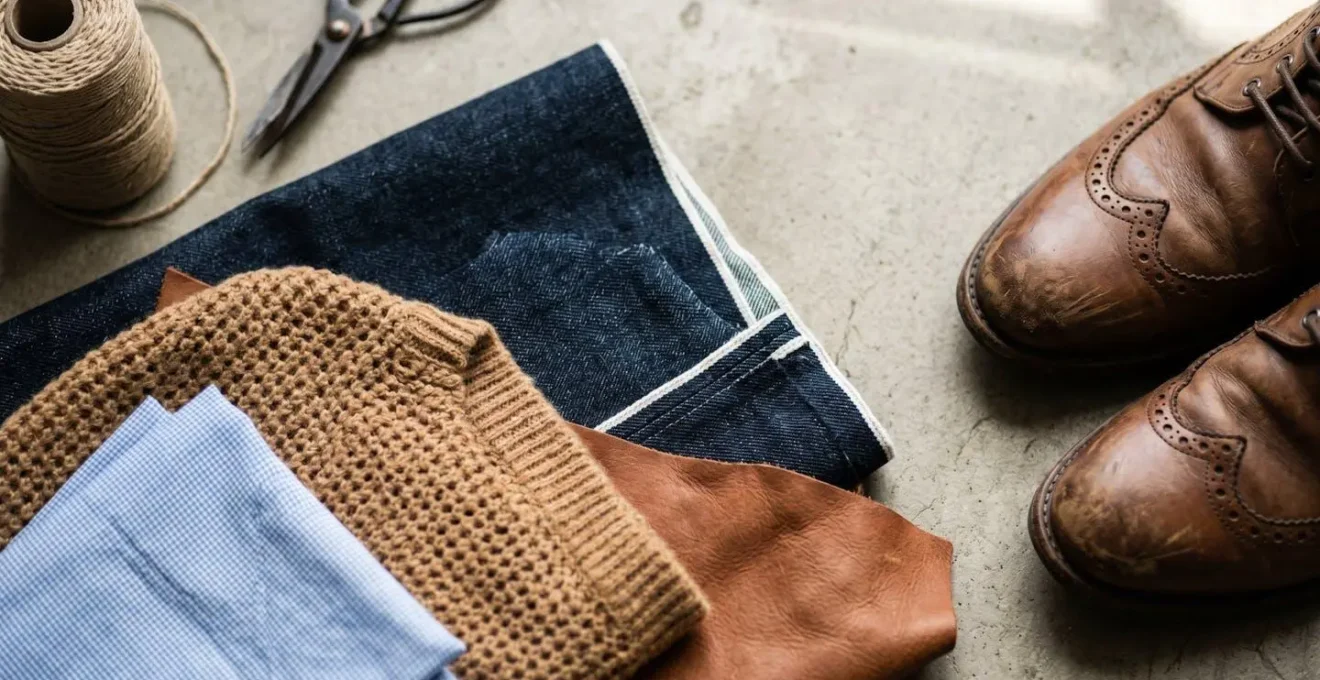 Composition visuelle de pièces vestimentaires nobles présentant textures et matières de qualité pour une garde-robe masculine intemporelle