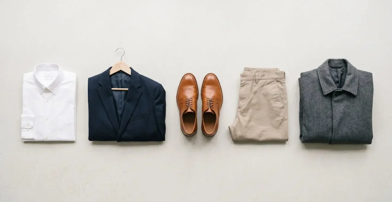 Composition minimaliste de pièces de vêtements essentielles pour homme disposées avec soin