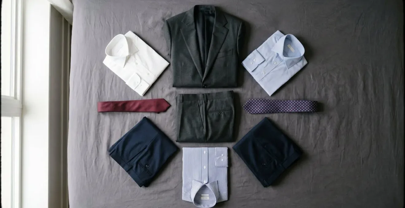 Huit pièces essentielles de garde-robe masculine disposées avec harmonie