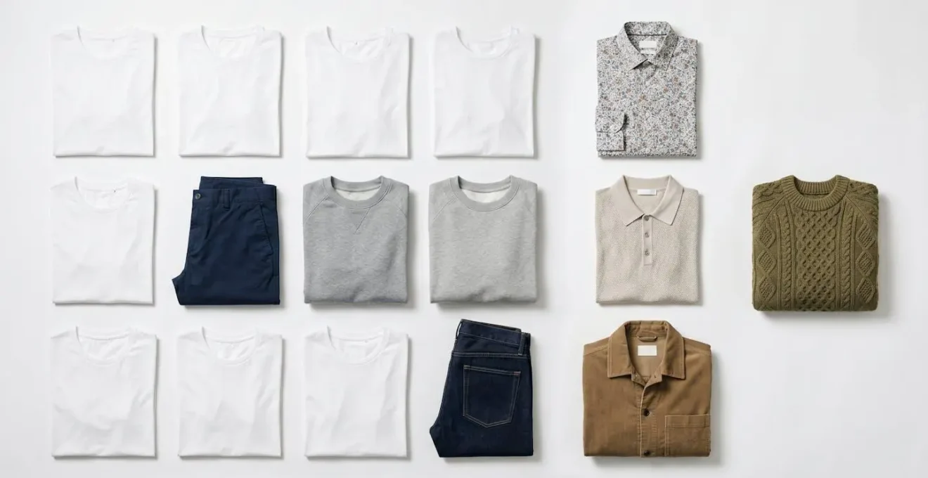 Composition symbolique minimaliste évoquant la planification budgétaire et l'organisation d'une garde-robe masculine
