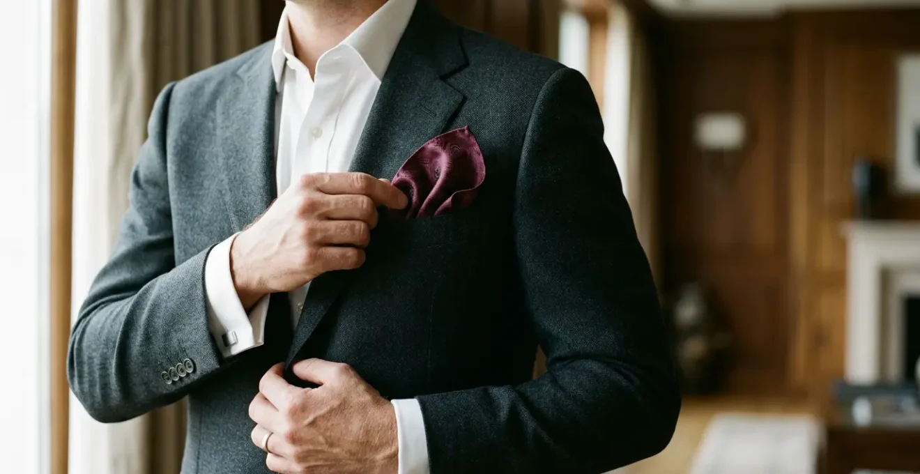 Homme élégant ajustant une pochette de costume pliée dans la poche de veste